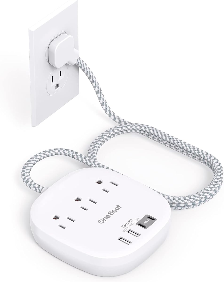 Flat Plug Power Strip, 6ft Ultra Flat Extension Cord - 3 Outlets 4 USB Ports (2 USB C) 22.5W/4.5A Desktop Charging Station, Power Strip No Surge
