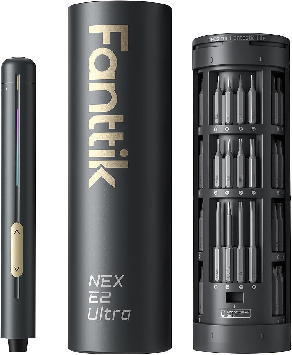 Fanttik E2 Ultra Electric Screwdriver, Precision Screwdriver Set (Grey) | 50 Magnetic Bits, 5/32''Hex Shank, 0.6N.m, RevoStor Magnetic Storage,