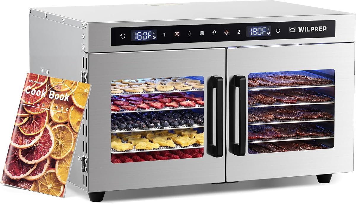 WILPREP Dual-Zone Food Dehydrator for Jerky, 12-Tray, 13 sq ft Food Dryer with Independent Control & 86–185°F Temp Range, Stainless Steel Dehydrator