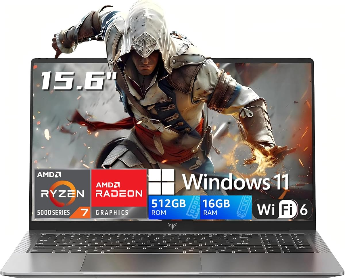 2026 AMD Gaming Laptop with Ryzen 7 5700U Processor(8C/16T, Up to 4.3GHz), 15.6" Display Gaming Computer, AMD Radeon™ Graphics, 16GB RAM 512GB NVMe