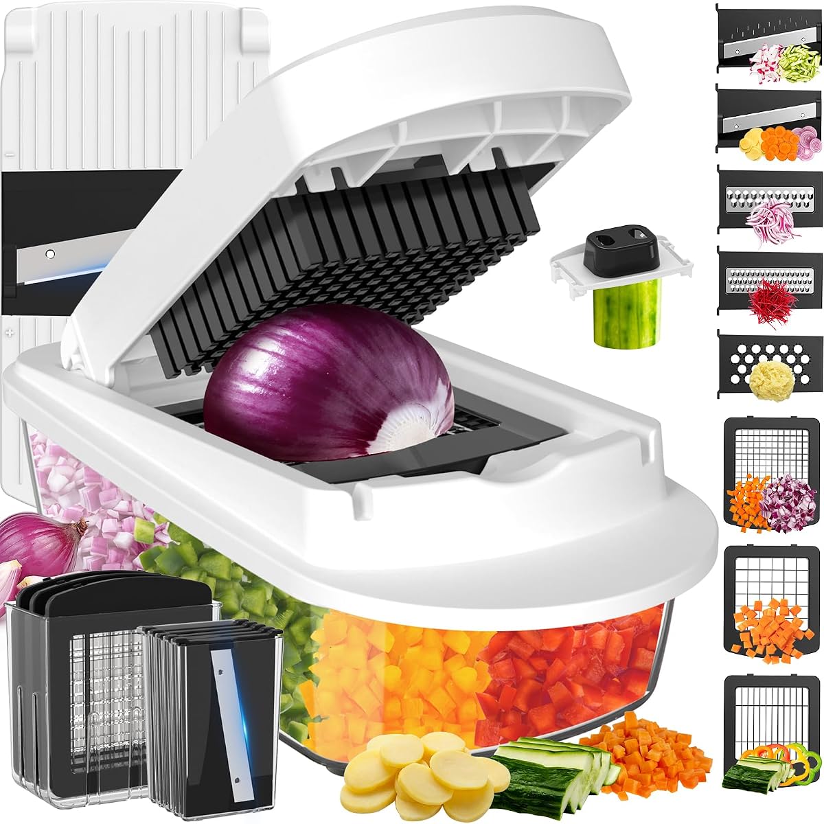 8 Blade All-in-1 Vegetable Chopper Mandoline Slicer with Container, Food Chopper, Onion Chopper, Veggie Cutter for Salad, Kitchen Gadgets Accessories