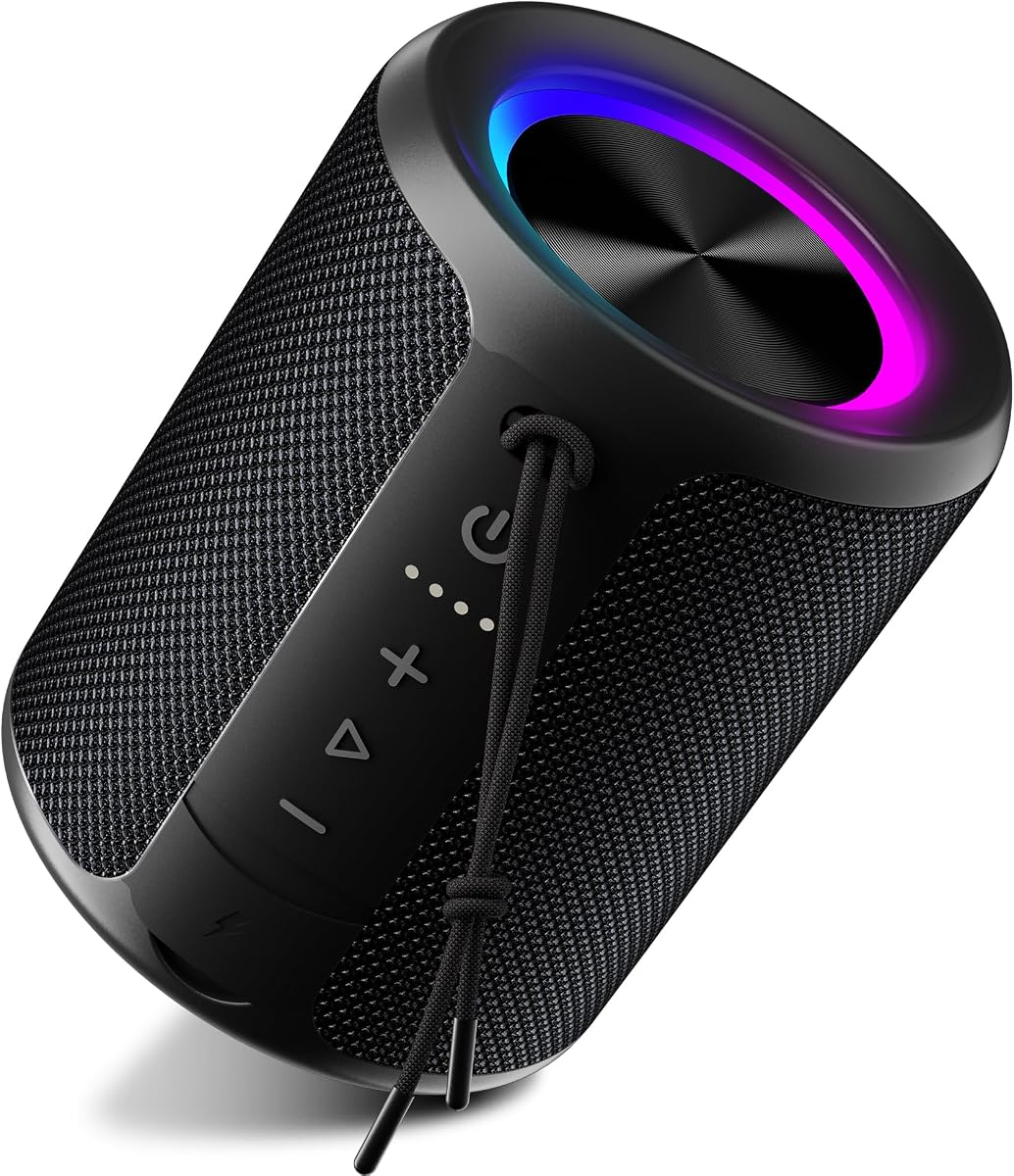 Portable Bluetooth Speaker, IPX7 Waterproof Wireless Speaker with 20W Loud Stereo Sound, 15H Playtime & Beat-Synced RGB Light, Small Outdoor Speaker
