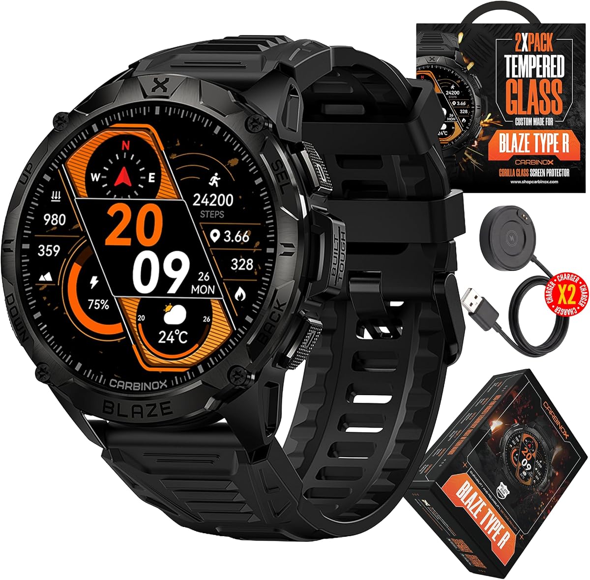 CARBINOX Blaze Smart Watch with GPS – Rugged Fitness Trackers, IP69K Waterproof, 170+ Sports Modes, Gorilla Glass, Make/Receive Calls, Android & iOS
